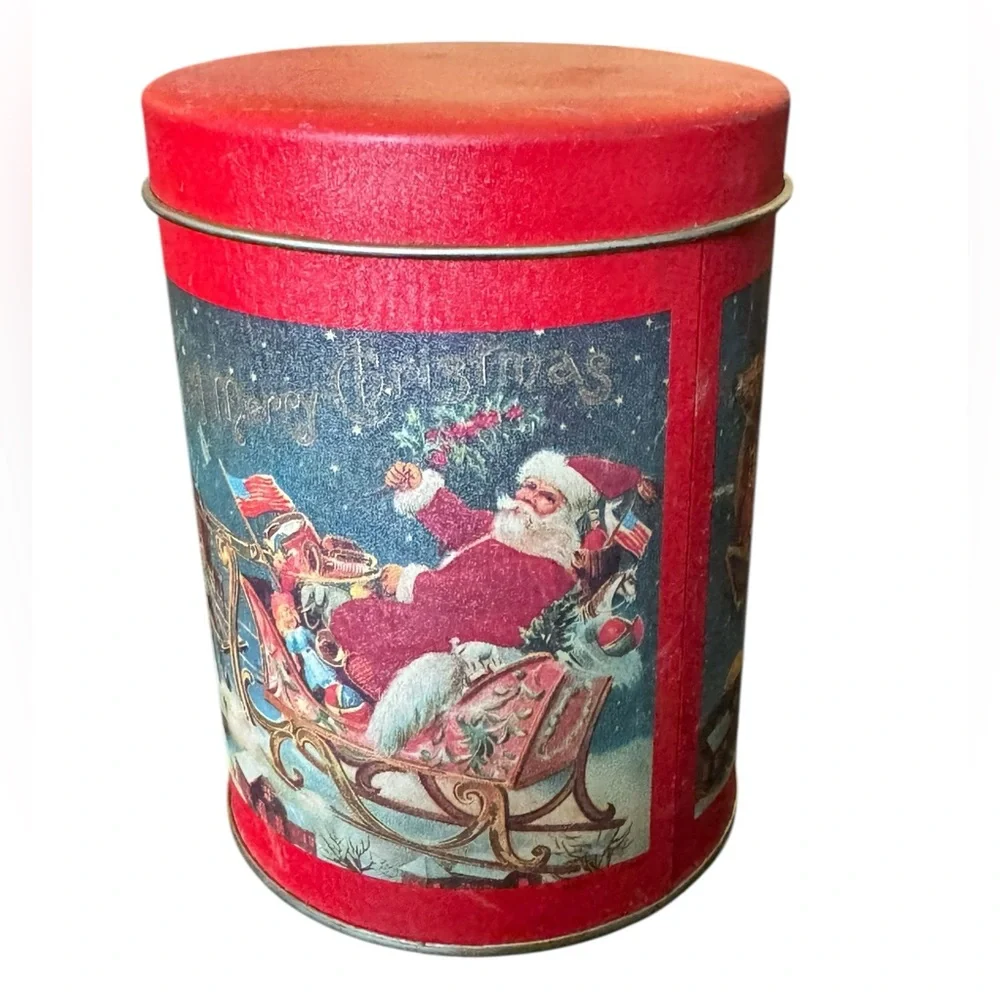 Festive Red Holiday Tin with Santa Design